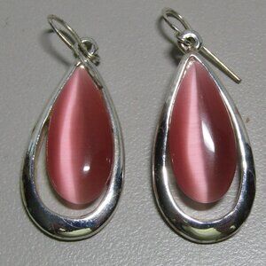 fashion drop earrings silver tone with pink acrylic gem 1.25"